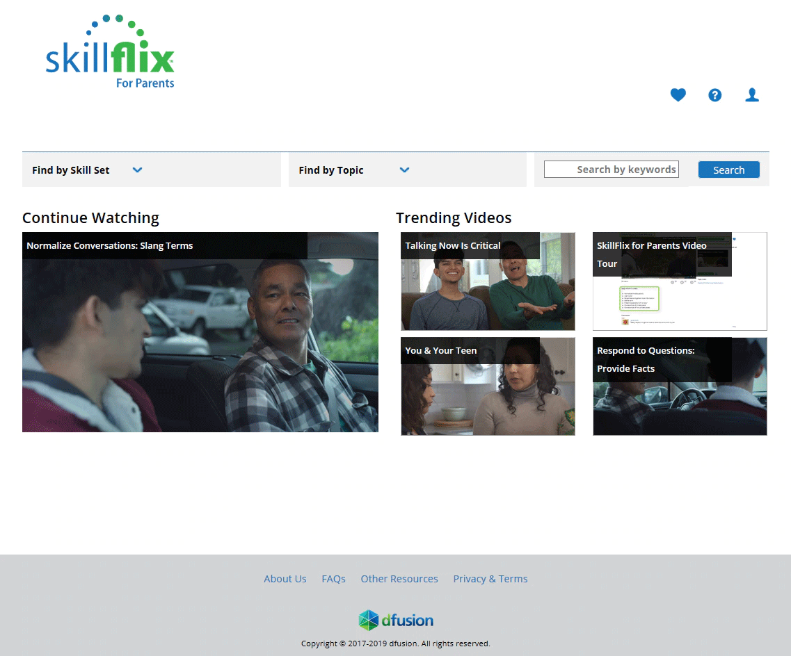 Screenshot of the SkillFlix for Parents website displays video thumbnails on several topics including You & Your Teen and Talking Now is Critical.