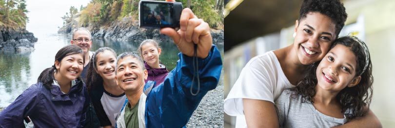 Two photos, the first is a family of five taking a selfie, the second is a mother smiling with her adolescent daughter