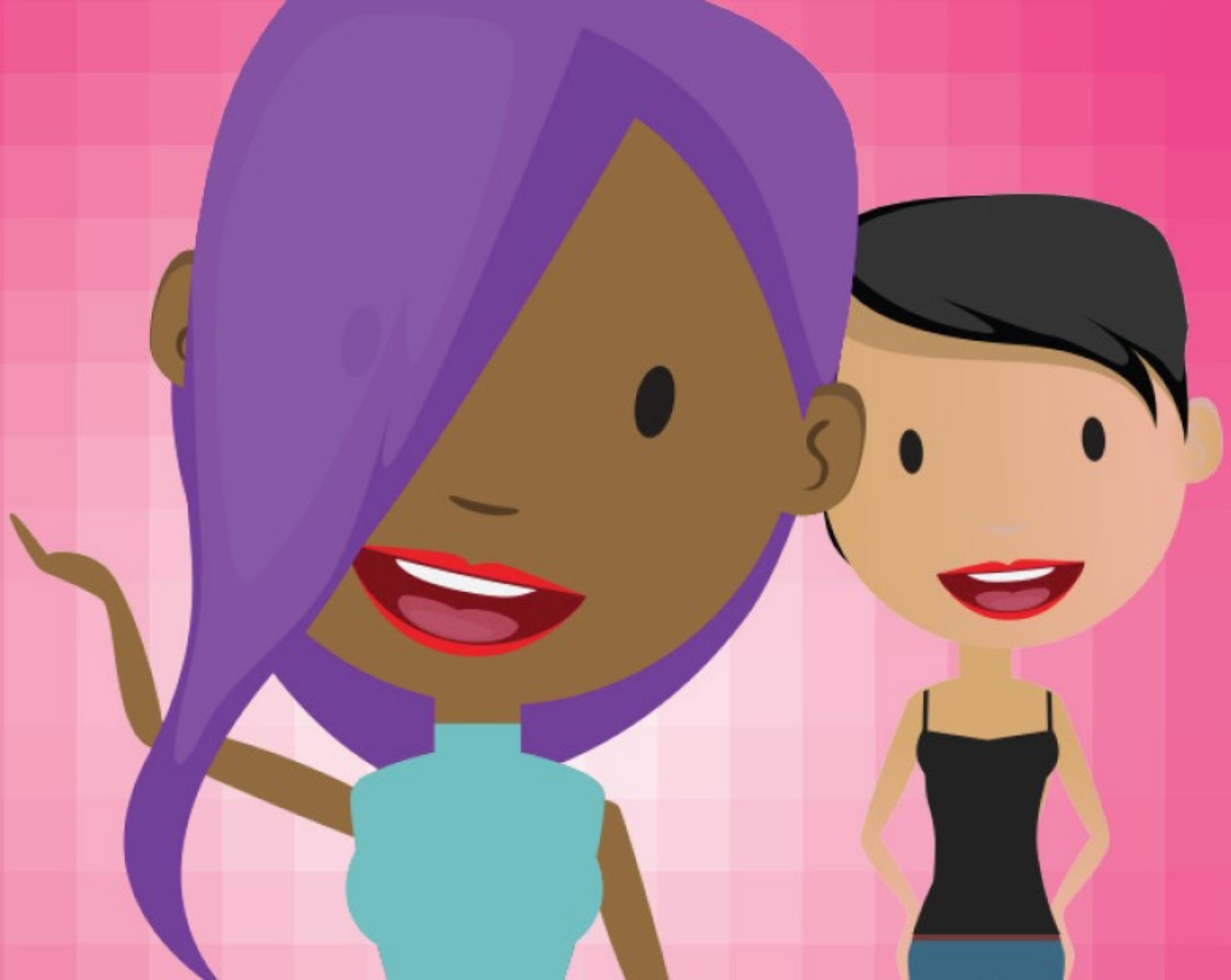 Two animated girls smile at the camera