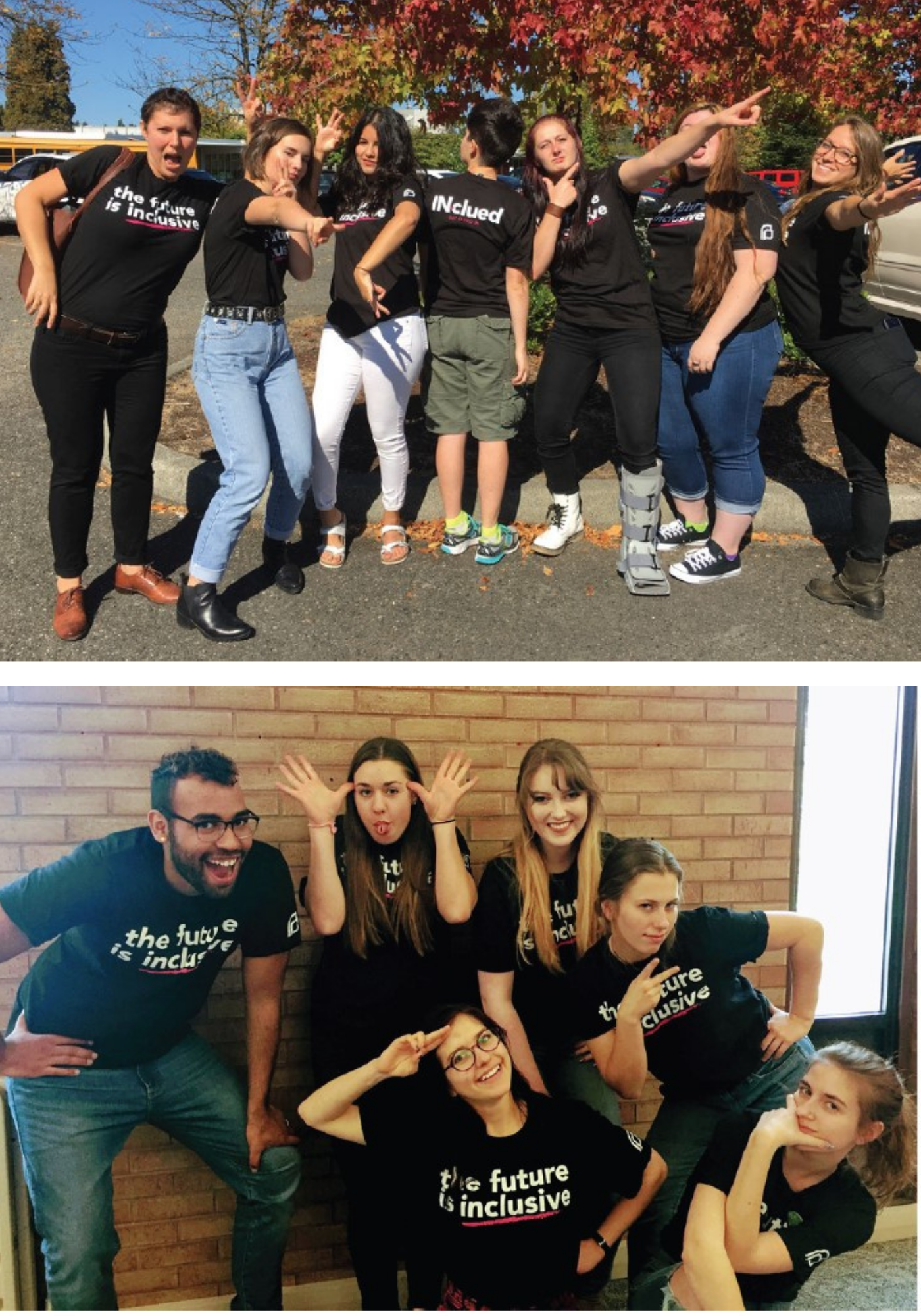 Collage of two images from the INclued program - both images include smiling groups of teens