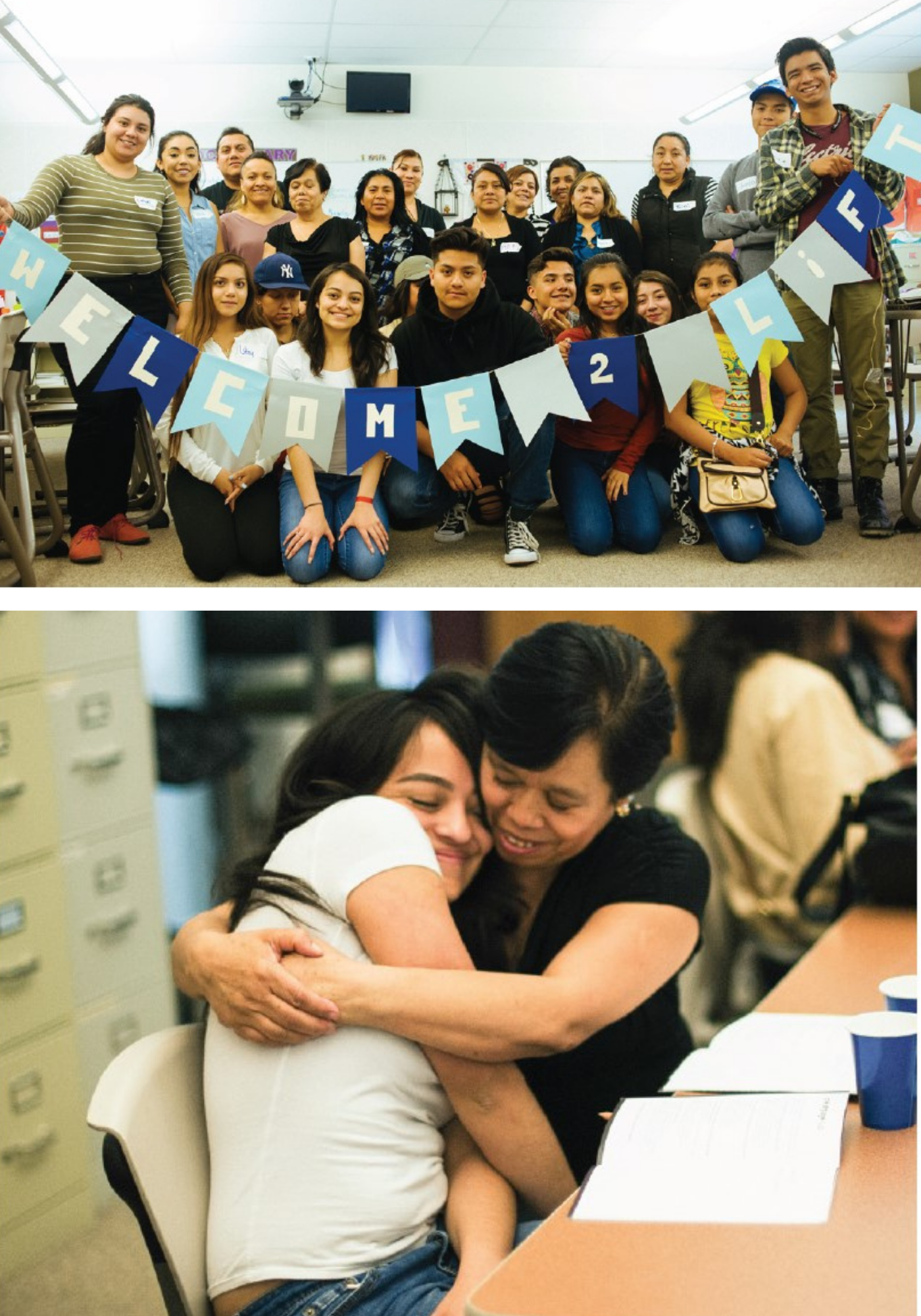 Collage of two images of Lift participants, one of a parent hugging her teen daughter