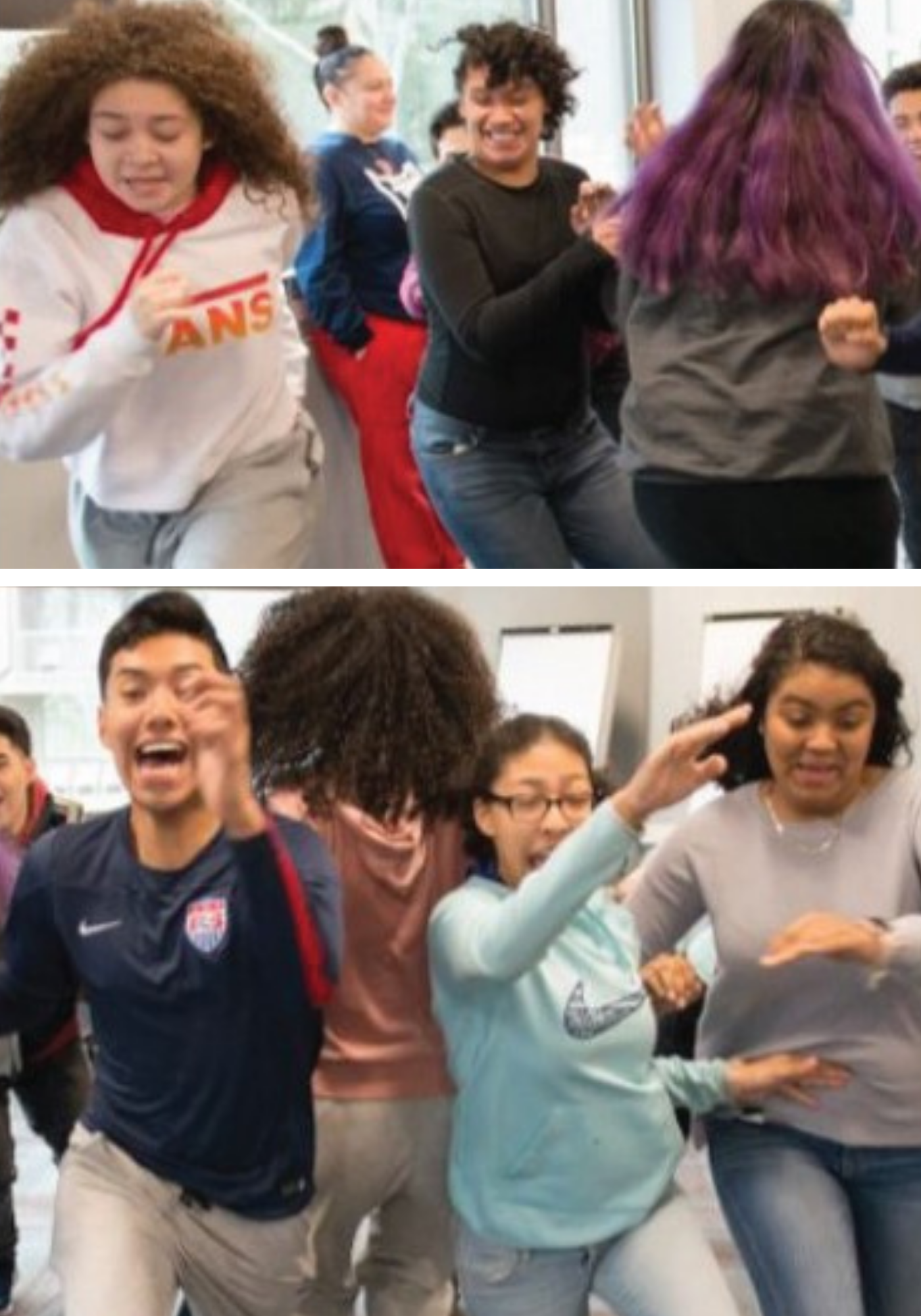A collage of two images of teens running in joy toward the camera