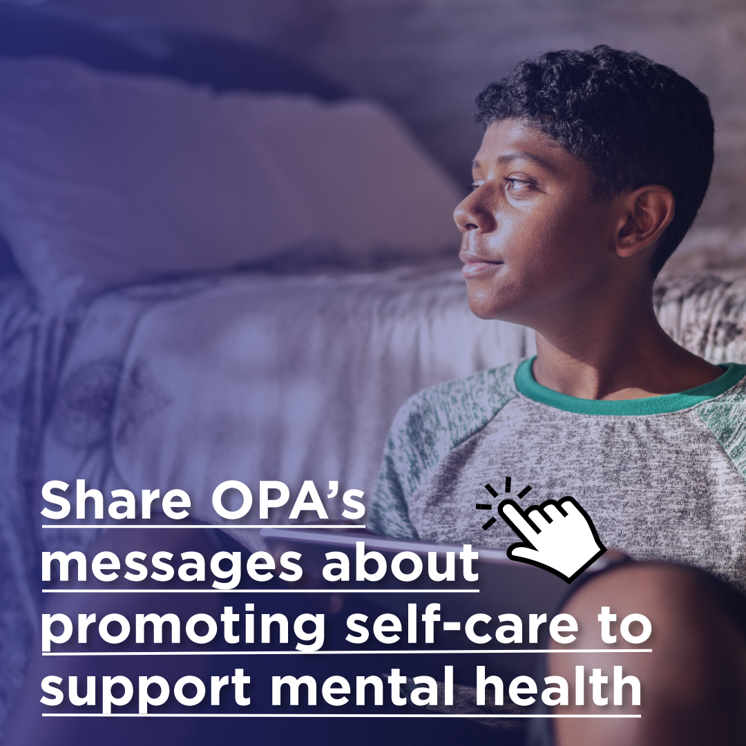 Teen boy looks into the distance while holding a tablet. Share OPA's messages about promoting self-care to support mental health.