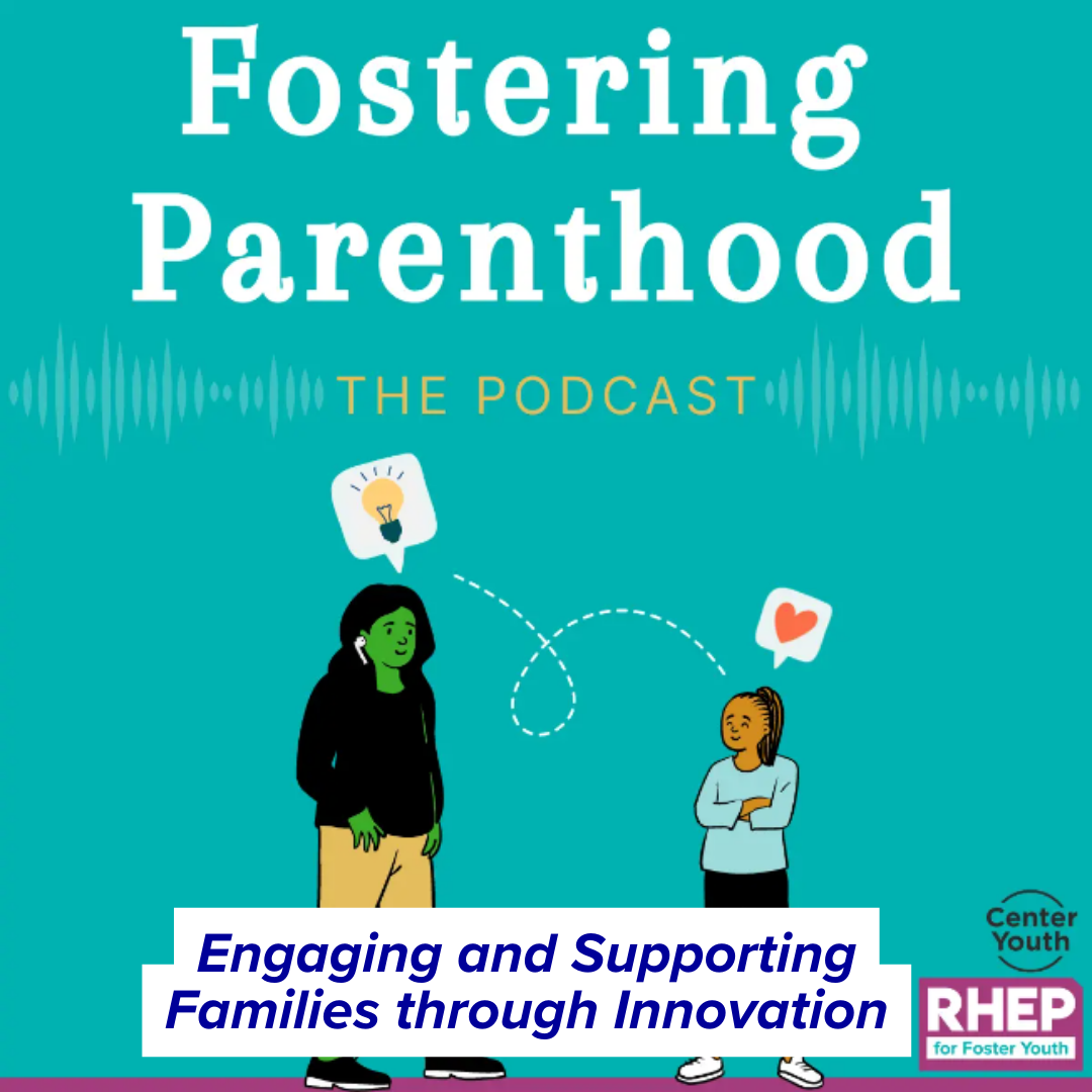 Fostering Parenthood Podcast theme art displays a cartoon figure with a lightbulb speech bubble and another cartoon figure with a heart speech bubble.