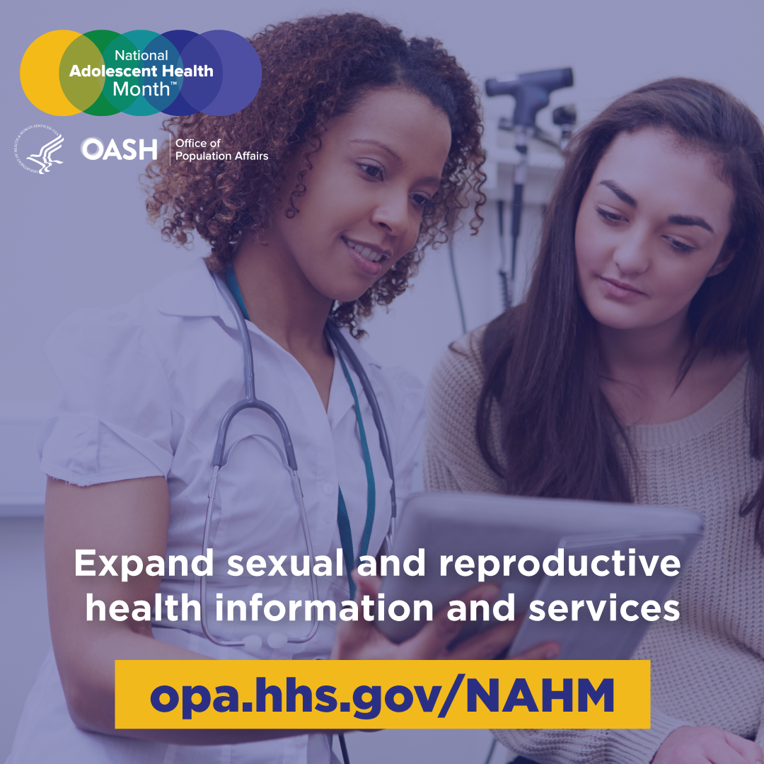 Kind clinician shows info on a tablet to a calm patient. Expand sexual and reproductive health information and services: opa.hhs.gov/NAHM.